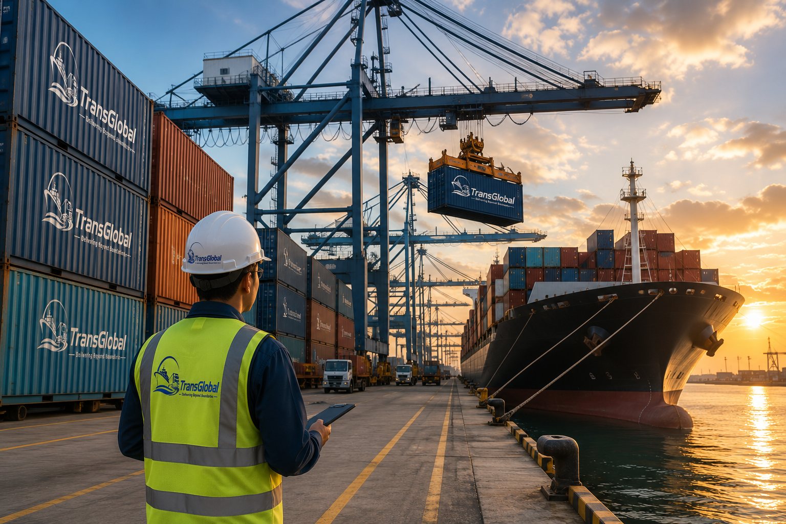 Container port with vessel, truck, and freight containers